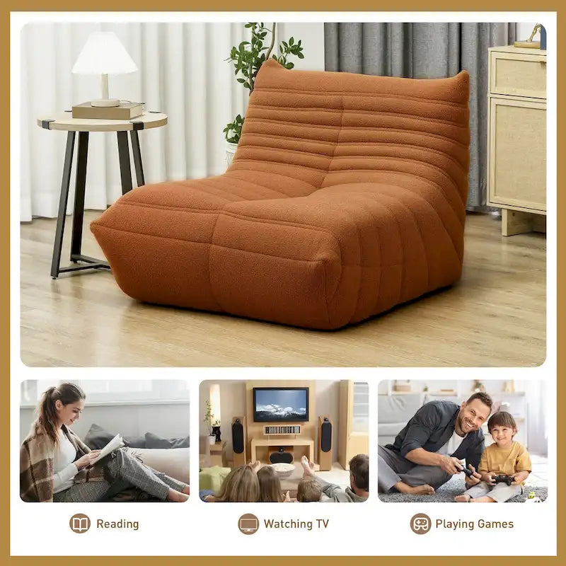 Sedia da pavimento in pile Teddy, divano pigro trapuntato per 1, marrone / grigio chiaro / bianco crema