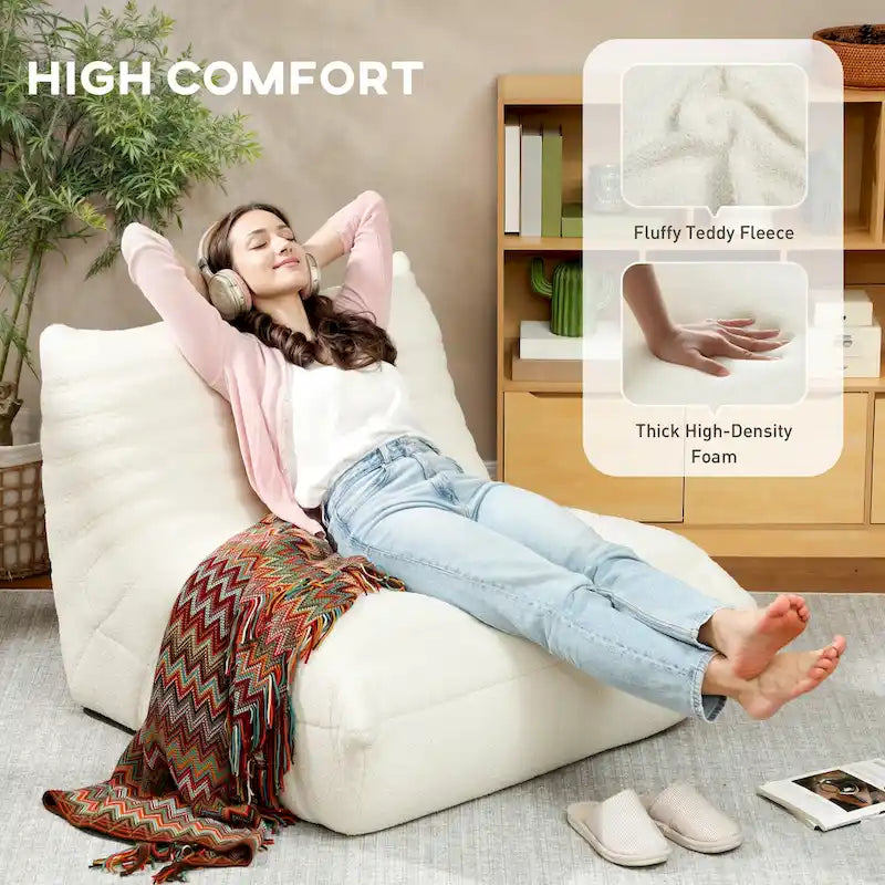 Sedia da pavimento in pile Teddy, divano pigro trapuntato per 1, marrone / grigio chiaro / bianco crema