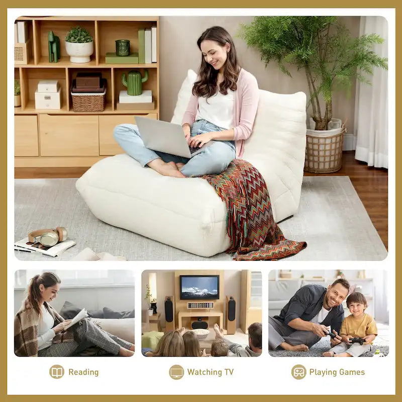 Sedia da pavimento in pile Teddy, divano pigro trapuntato per 1, marrone / grigio chiaro / bianco crema