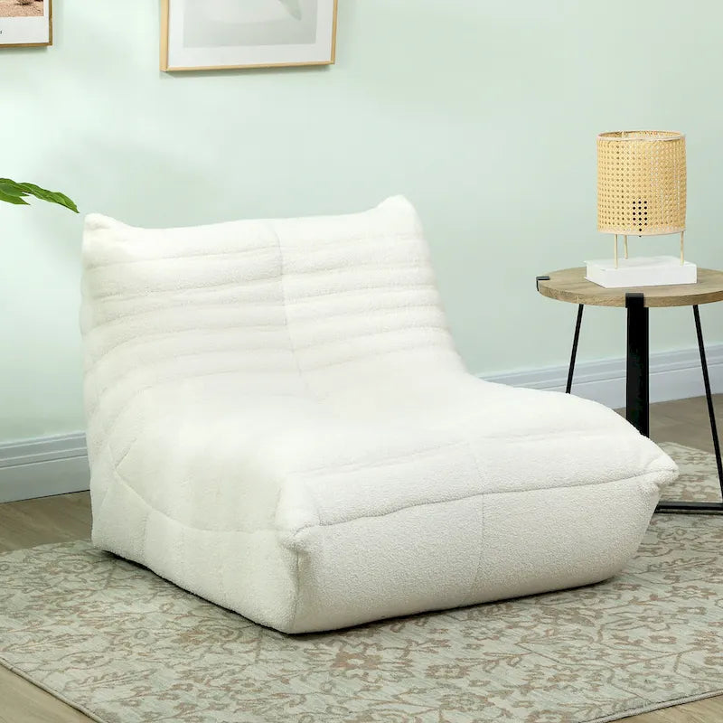 Sedia da pavimento in pile Teddy, divano pigro trapuntato per 1, marrone / grigio chiaro / bianco crema
