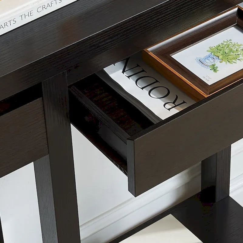 Tavolo Consolle in Legno Espresso con Cassetto e Ripiano Aperto, 1 Persona