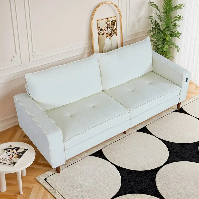 Divano a due posti in ciniglia con braccioli quadrati, porte USB, colore beige / nero / verde / caramello, 2 posti