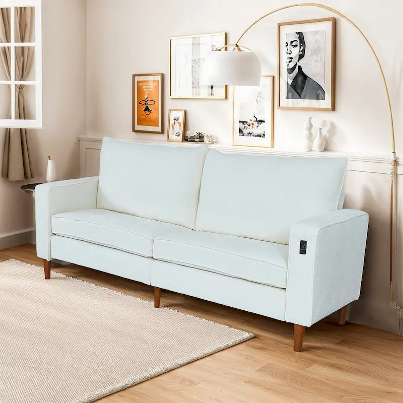 Divano a due posti in ciniglia con braccioli quadrati, porte USB, colore beige / nero / verde / caramello, 2 posti