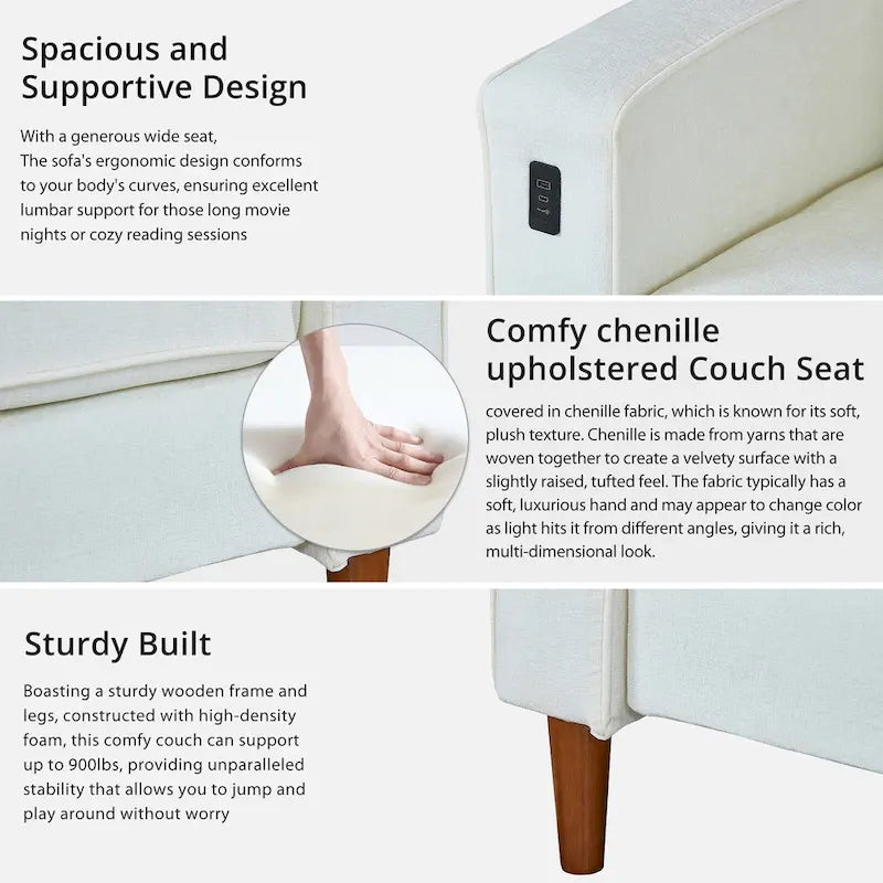 Divano a due posti in ciniglia con braccioli quadrati, porte USB, colore beige / nero / verde / caramello, 2 posti