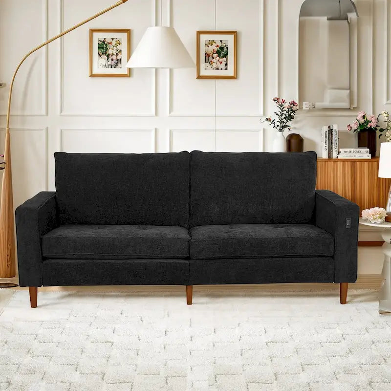 Divano a due posti in ciniglia con braccioli quadrati, porte USB, colore beige / nero / verde / caramello, 2 posti