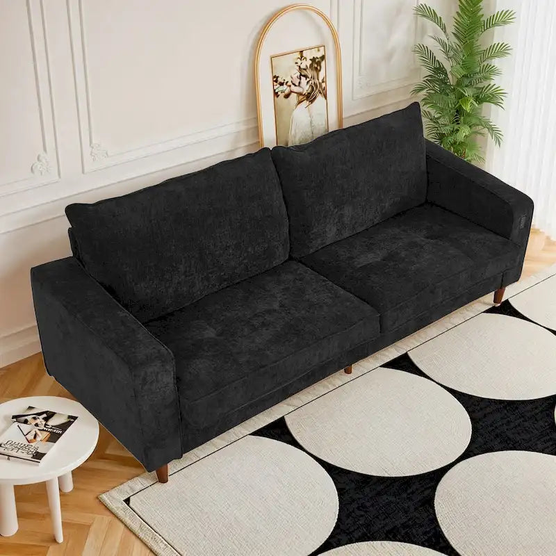 Divano a due posti in ciniglia con braccioli quadrati, porte USB, colore beige / nero / verde / caramello, 2 posti