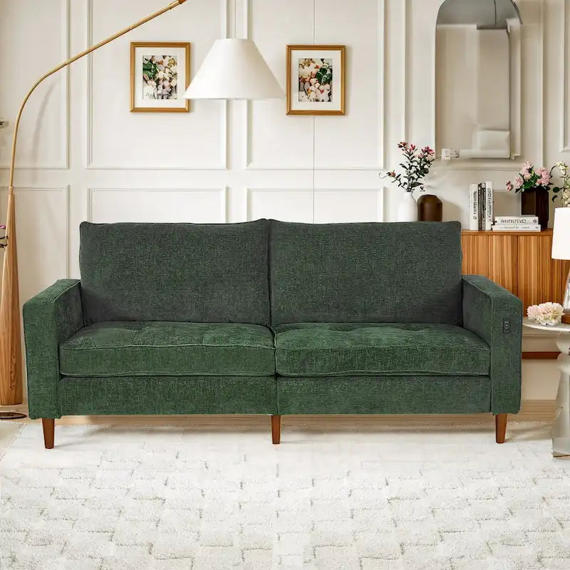 Divano a due posti in ciniglia con braccioli quadrati, porte USB, colore beige / nero / verde / caramello, 2 posti