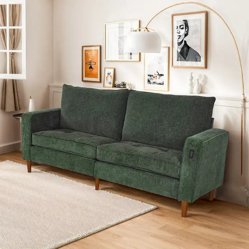 Divano a due posti in ciniglia con braccioli quadrati, porte USB, colore beige / nero / verde / caramello, 2 posti