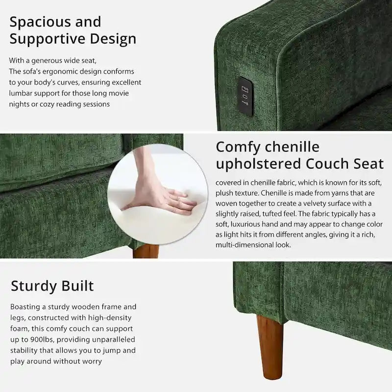 Divano a due posti in ciniglia con braccioli quadrati, porte USB, colore beige / nero / verde / caramello, 2 posti