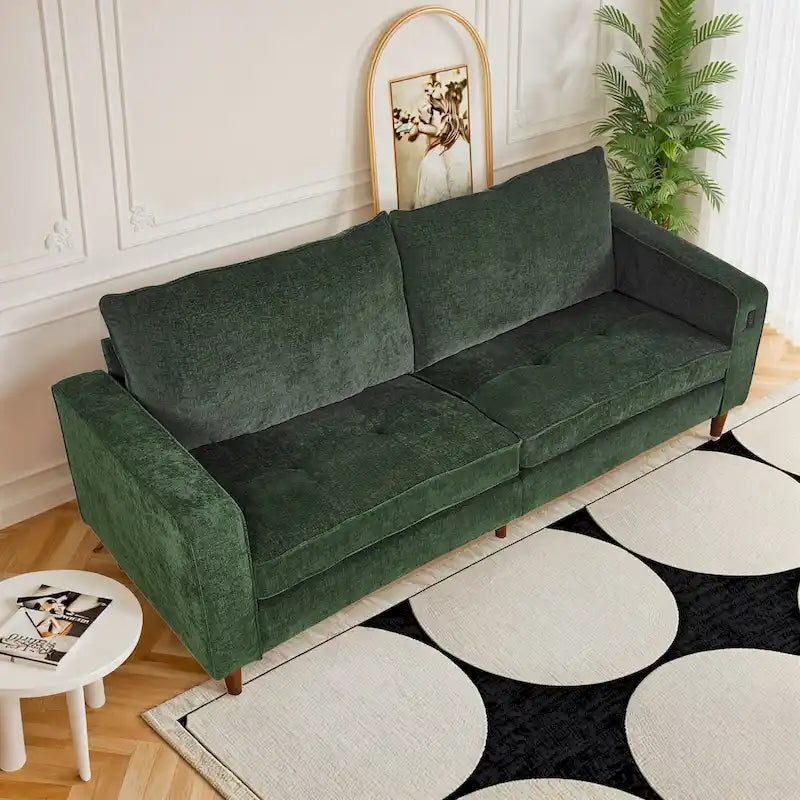 Divano a due posti in ciniglia con braccioli quadrati, porte USB, colore beige / nero / verde / caramello, 2 posti