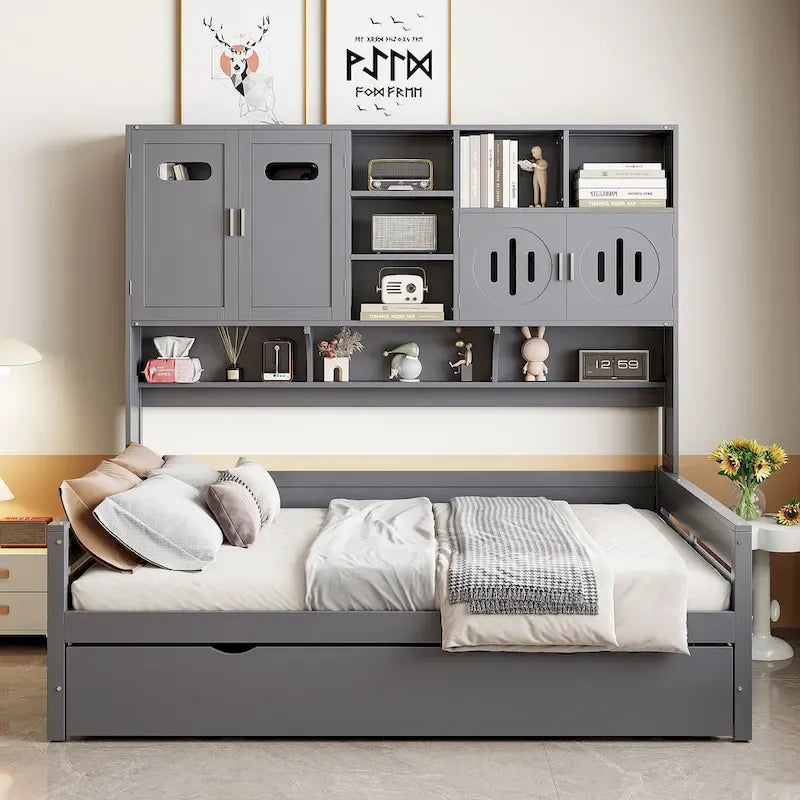Letto a una piazza e mezzo bianco con letto estraibile singolo, letto contenitore in legno con ripiano e armadietto, per 2 persone