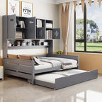 Letto a una piazza e mezzo bianco con letto estraibile singolo, letto contenitore in legno con ripiano e armadietto, per 2 persone