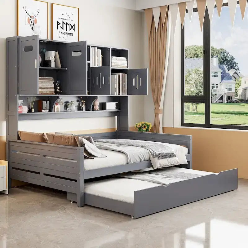 Letto a una piazza e mezzo bianco con letto estraibile singolo, letto contenitore in legno con ripiano e armadietto, per 2 persone