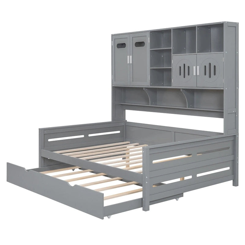 Letto a una piazza e mezzo bianco con letto estraibile singolo, letto contenitore in legno con ripiano e armadietto, per 2 persone