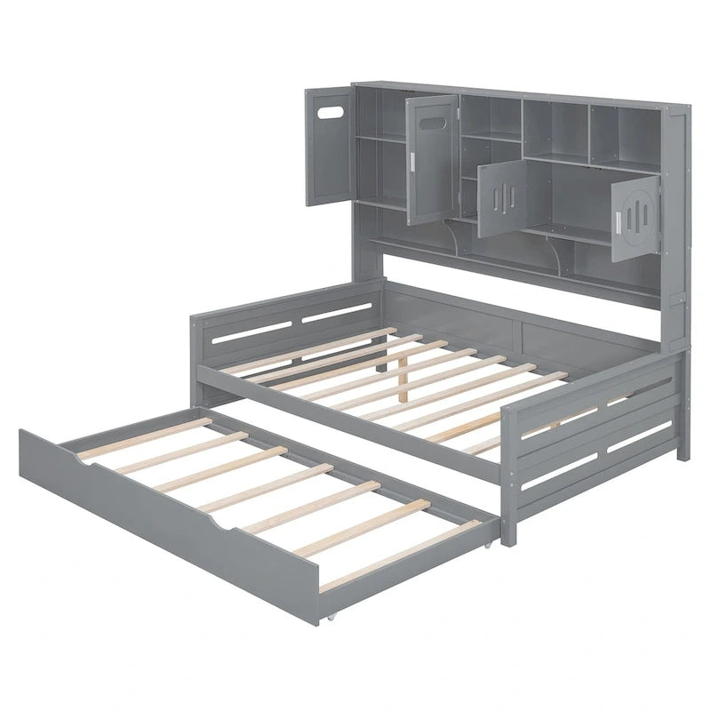 Letto a una piazza e mezzo bianco con letto estraibile singolo, letto contenitore in legno con ripiano e armadietto, per 2 persone