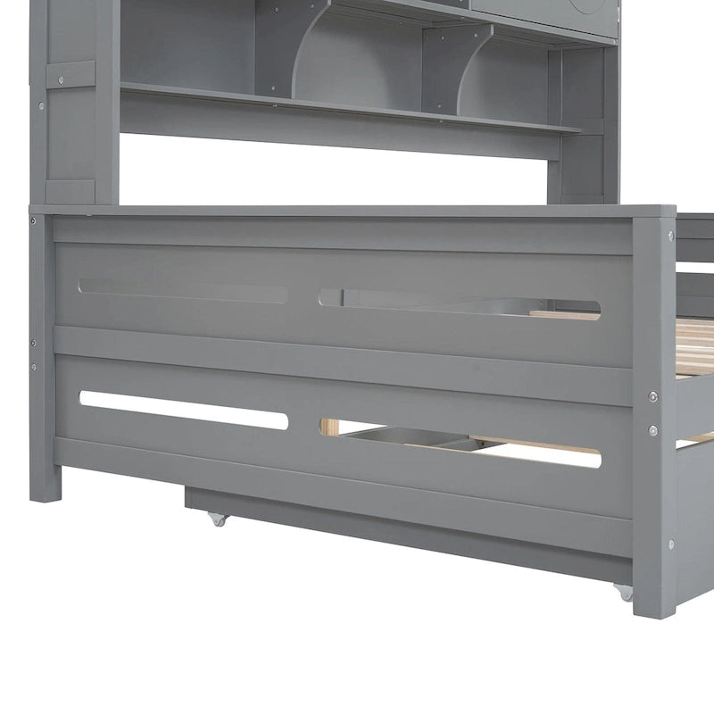 Letto a una piazza e mezzo bianco con letto estraibile singolo, letto contenitore in legno con ripiano e armadietto, per 2 persone
