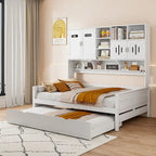 Letto a una piazza e mezzo bianco con letto estraibile singolo, letto contenitore in legno con ripiano e armadietto, per 2 persone