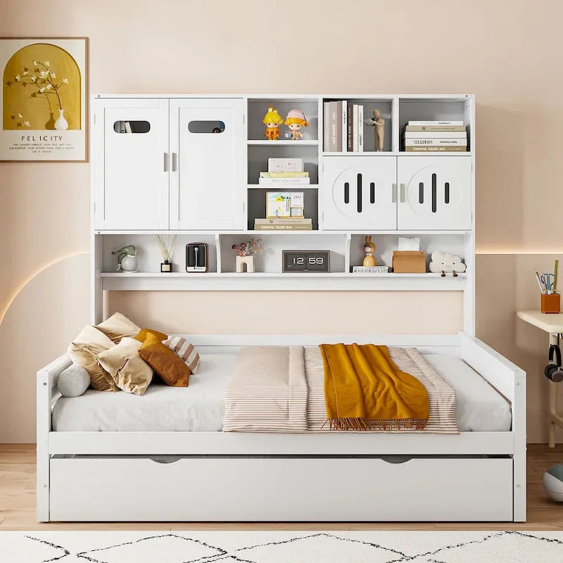 Letto a una piazza e mezzo bianco con letto estraibile singolo, letto contenitore in legno con ripiano e armadietto, per 2 persone