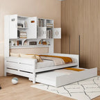 Letto a una piazza e mezzo bianco con letto estraibile singolo, letto contenitore in legno con ripiano e armadietto, per 2 persone