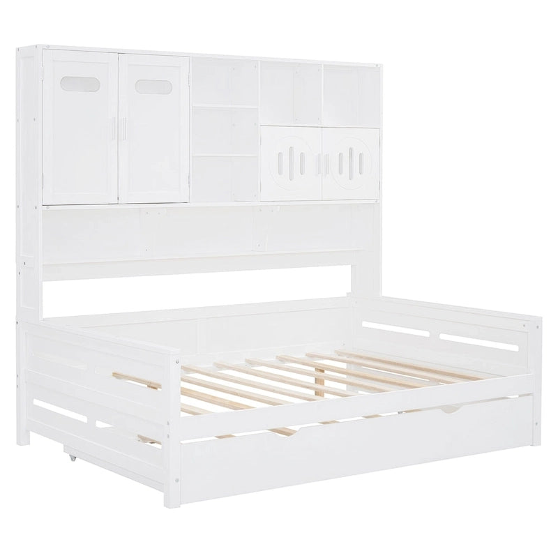 Letto a una piazza e mezzo bianco con letto estraibile singolo, letto contenitore in legno con ripiano e armadietto, per 2 persone