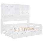Letto a una piazza e mezzo bianco con letto estraibile singolo, letto contenitore in legno con ripiano e armadietto, per 2 persone