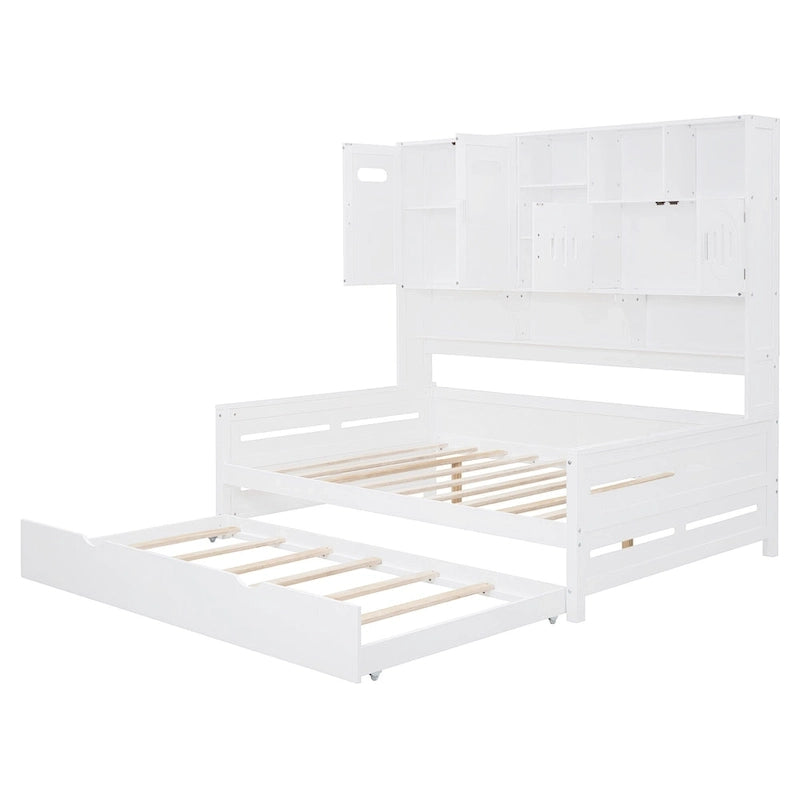 Letto a una piazza e mezzo bianco con letto estraibile singolo, letto contenitore in legno con ripiano e armadietto, per 2 persone