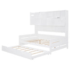 Letto a una piazza e mezzo bianco con letto estraibile singolo, letto contenitore in legno con ripiano e armadietto, per 2 persone