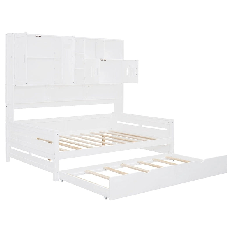 Letto a una piazza e mezzo bianco con letto estraibile singolo, letto contenitore in legno con ripiano e armadietto, per 2 persone