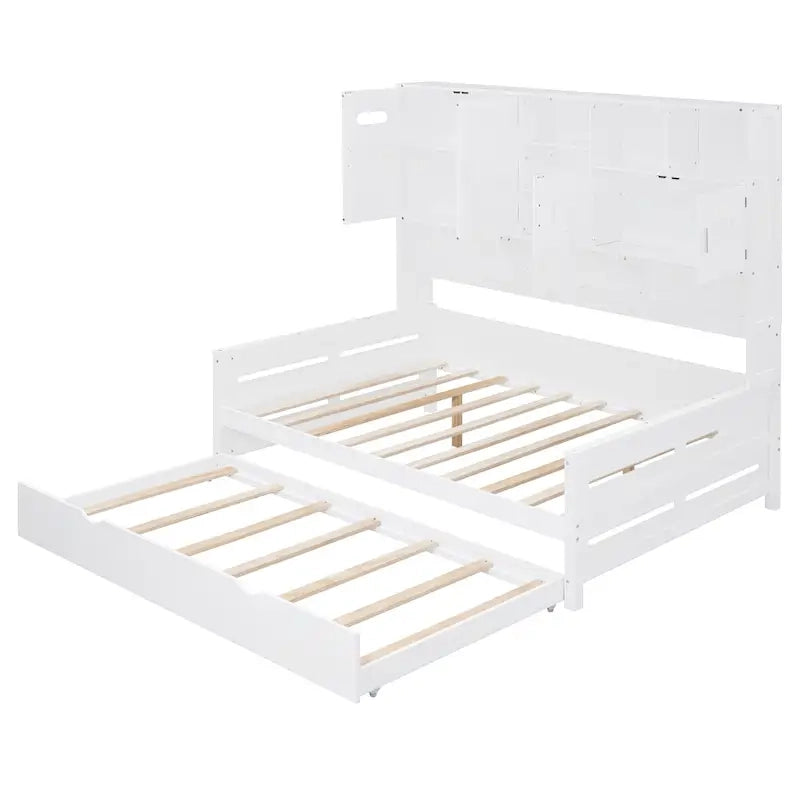 Letto a una piazza e mezzo bianco con letto estraibile singolo, letto contenitore in legno con ripiano e armadietto, per 2 persone