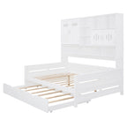 Letto a una piazza e mezzo bianco con letto estraibile singolo, letto contenitore in legno con ripiano e armadietto, per 2 persone