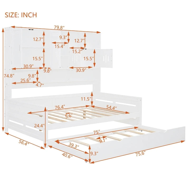 Letto a una piazza e mezzo bianco con letto estraibile singolo, letto contenitore in legno con ripiano e armadietto, per 2 persone