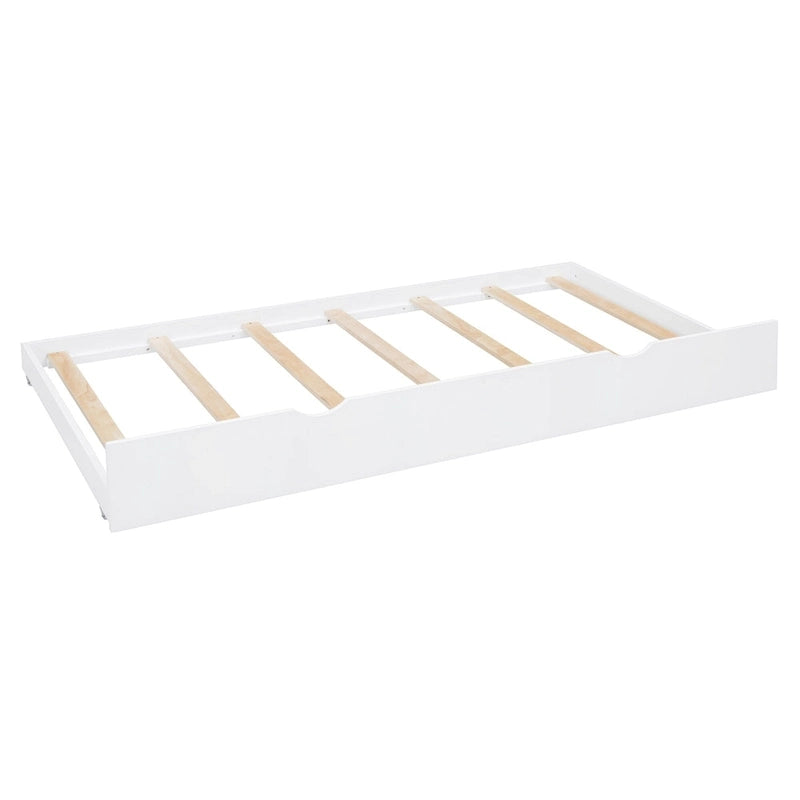 Letto a una piazza e mezzo bianco con letto estraibile singolo, letto contenitore in legno con ripiano e armadietto, per 2 persone