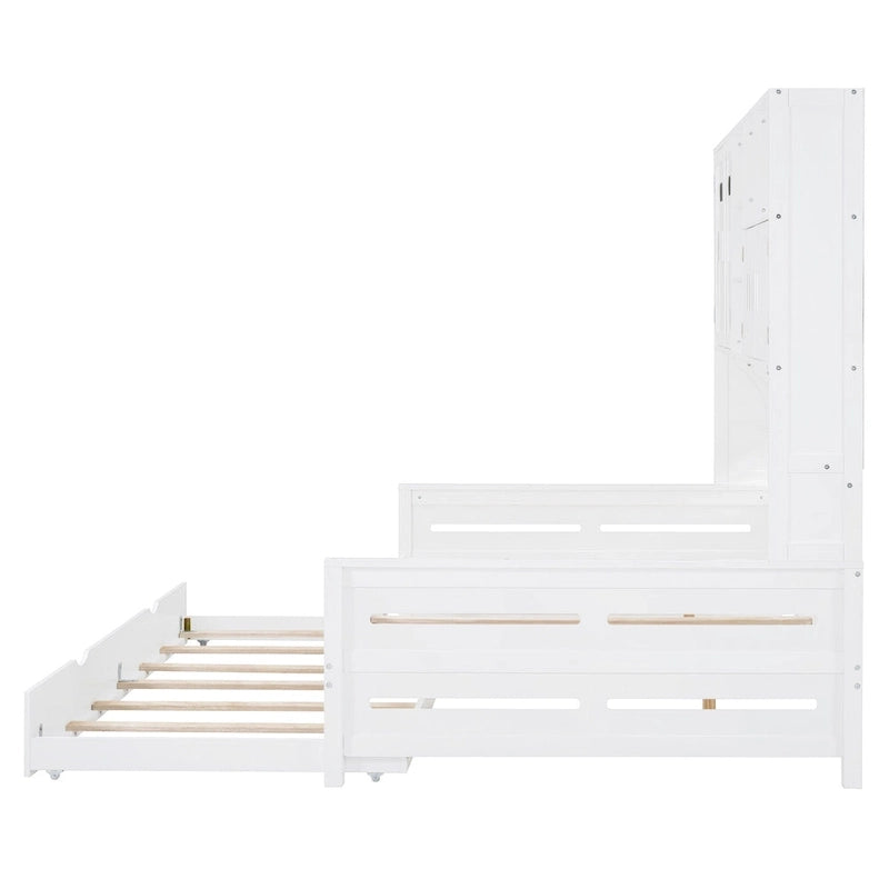 Letto a una piazza e mezzo bianco con letto estraibile singolo, letto contenitore in legno con ripiano e armadietto, per 2 persone