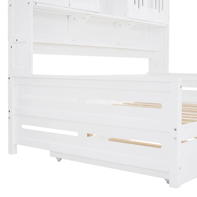 Letto a una piazza e mezzo bianco con letto estraibile singolo, letto contenitore in legno con ripiano e armadietto, per 2 persone