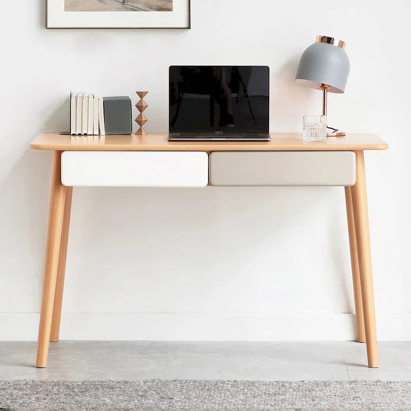 Scrivania in legno di faggio naturale, 120 cm, 2 cassetti, monoposto