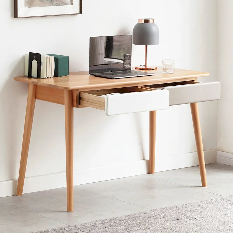 Scrivania in legno di faggio naturale, 120 cm, 2 cassetti, monoposto