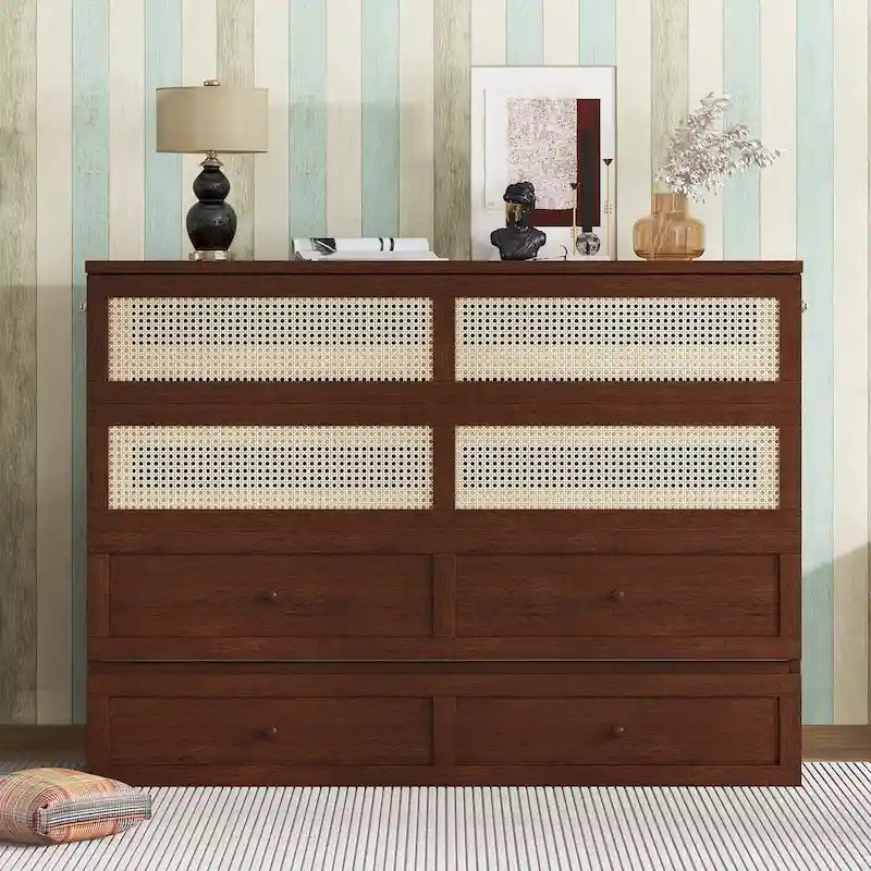 Letto a scomparsa matrimoniale noce/espresso con rattan e cassetto portaoggetti, per 1-2 persone