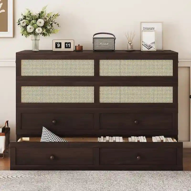 Letto a scomparsa matrimoniale noce/espresso con rattan e cassetto portaoggetti, per 1-2 persone