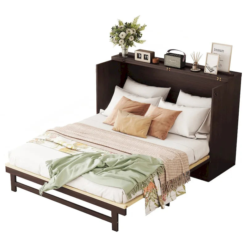 Letto a scomparsa matrimoniale noce/espresso con rattan e cassetto portaoggetti, per 1-2 persone