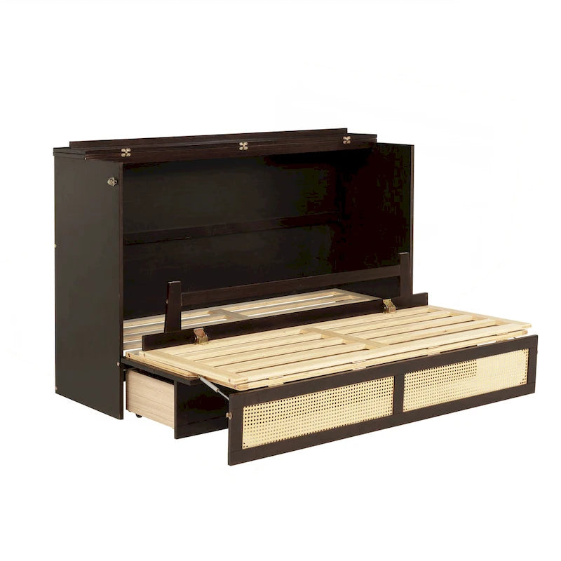 Letto a scomparsa matrimoniale noce/espresso con rattan e cassetto portaoggetti, per 1-2 persone