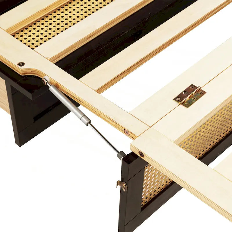 Letto a scomparsa matrimoniale noce/espresso con rattan e cassetto portaoggetti, per 1-2 persone
