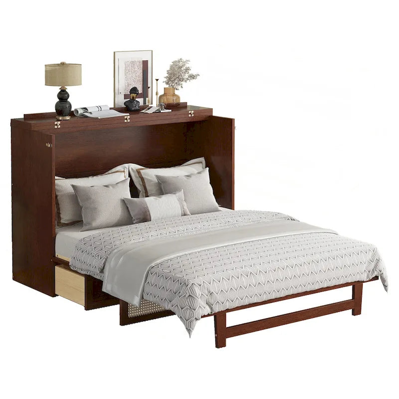 Letto a scomparsa matrimoniale noce/espresso con rattan e cassetto portaoggetti, per 1-2 persone