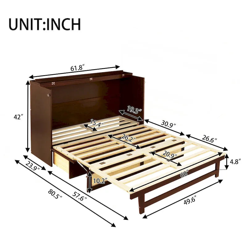 Letto a scomparsa matrimoniale noce/espresso con rattan e cassetto portaoggetti, per 1-2 persone