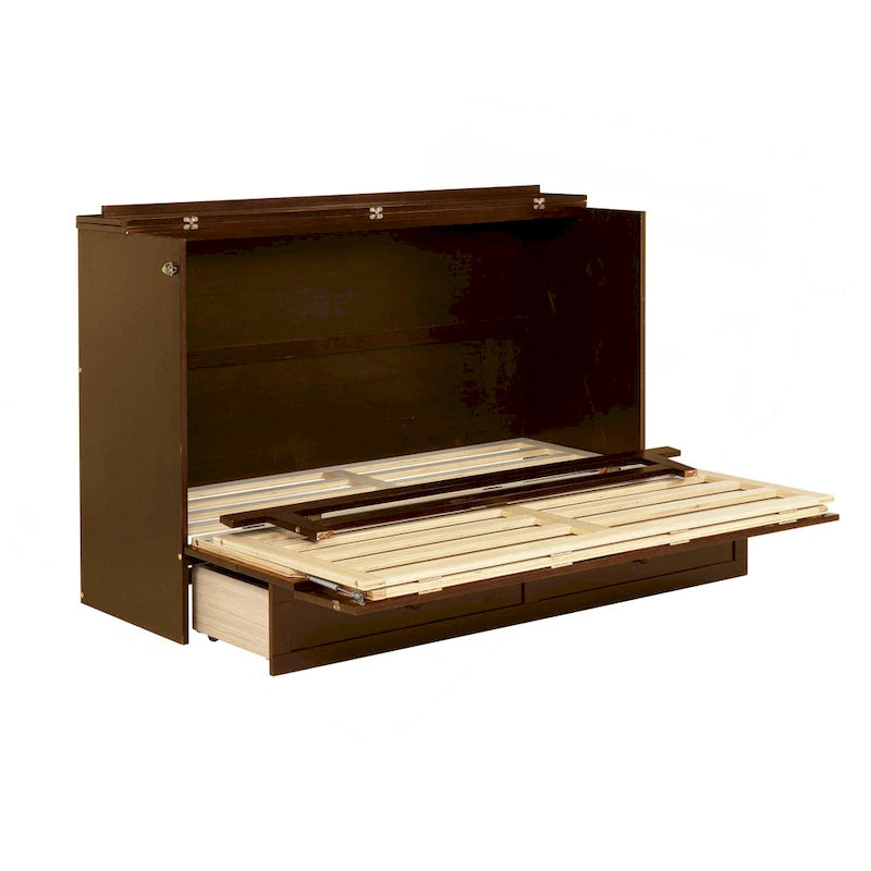 Letto a scomparsa matrimoniale noce/espresso con rattan e cassetto portaoggetti, per 1-2 persone