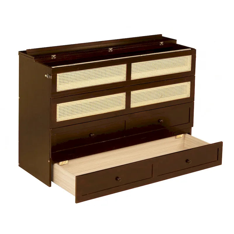 Letto a scomparsa matrimoniale noce/espresso con rattan e cassetto portaoggetti, per 1-2 persone