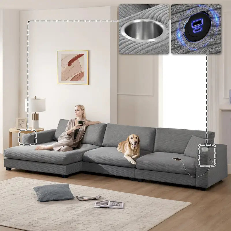 Divano componibile a L in velluto a coste grigio con chaise longue, portabicchieri e porte USB, 3-4 posti a sedere