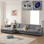 Divano componibile a L in velluto a coste grigio con chaise longue, portabicchieri e porte USB, 3-4 posti a sedere