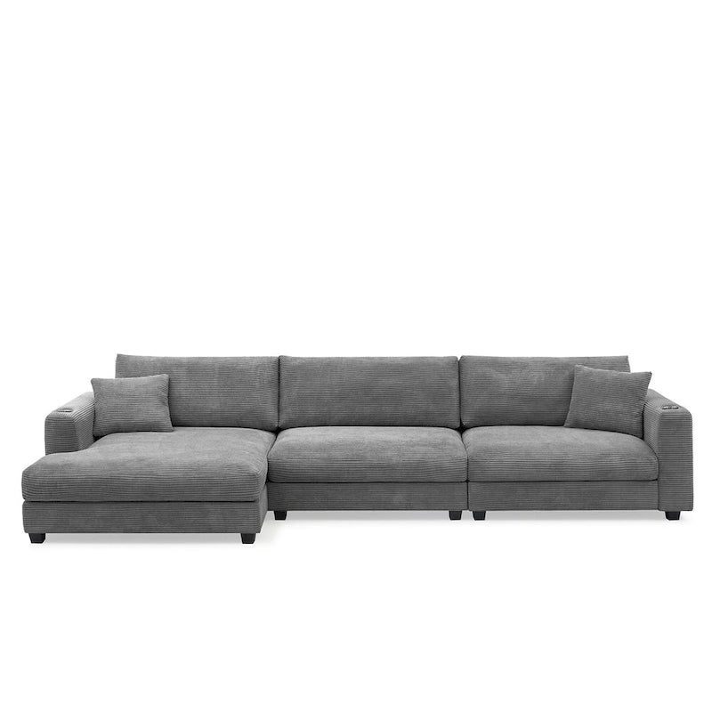 Divano componibile a L in velluto a coste grigio con chaise longue, portabicchieri e porte USB, 3-4 posti a sedere