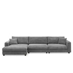 Divano componibile a L in velluto a coste grigio con chaise longue, portabicchieri e porte USB, 3-4 posti a sedere