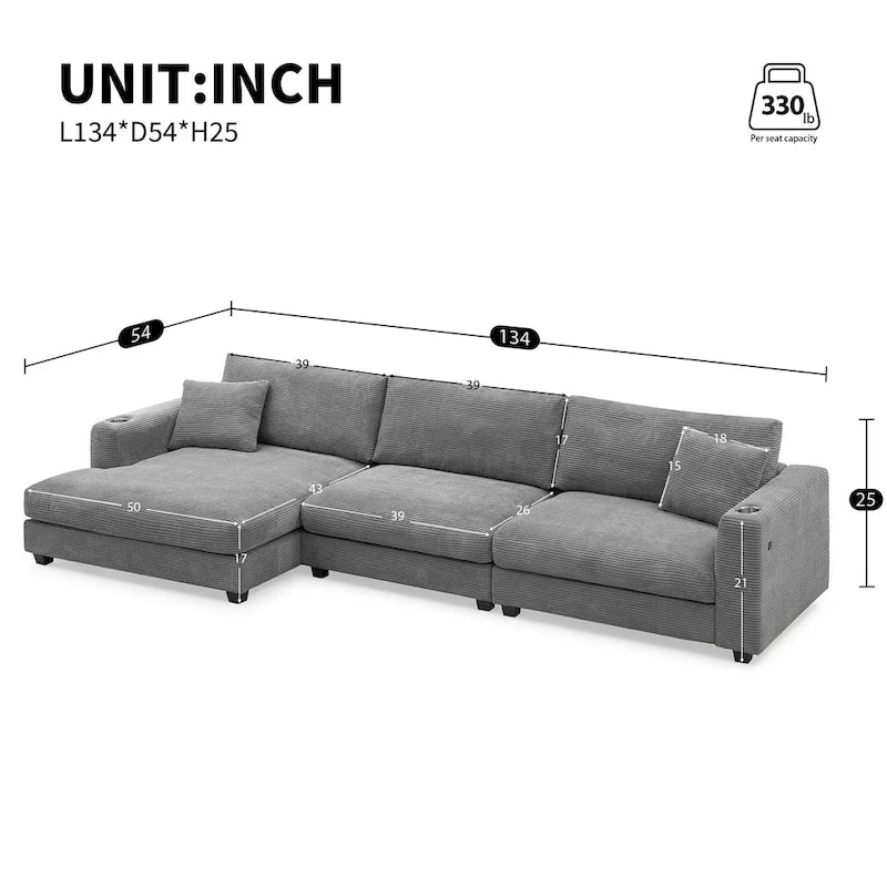 Divano componibile a L in velluto a coste grigio con chaise longue, portabicchieri e porte USB, 3-4 posti a sedere